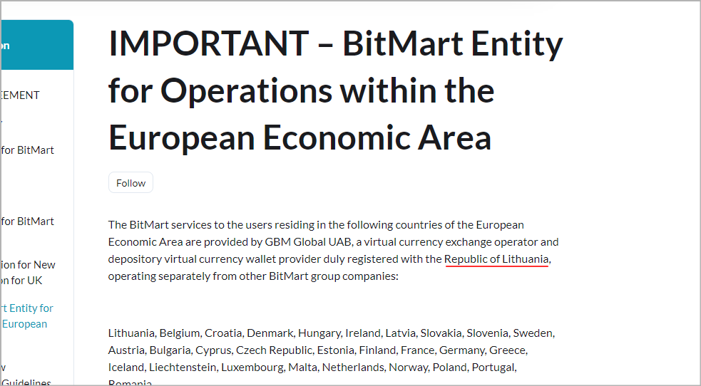 BitMart リトアニアの金融ライセンス