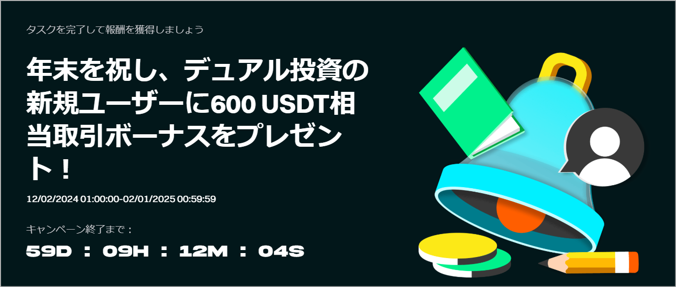 Bitget デュアル投資 600 USDT相当取引ボーナスプレゼント