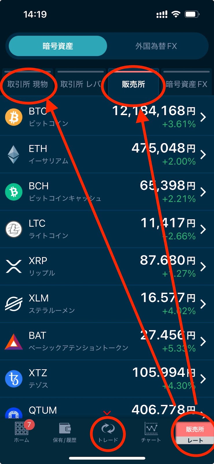 GMOコインの販売所・取引所(スマホ版)