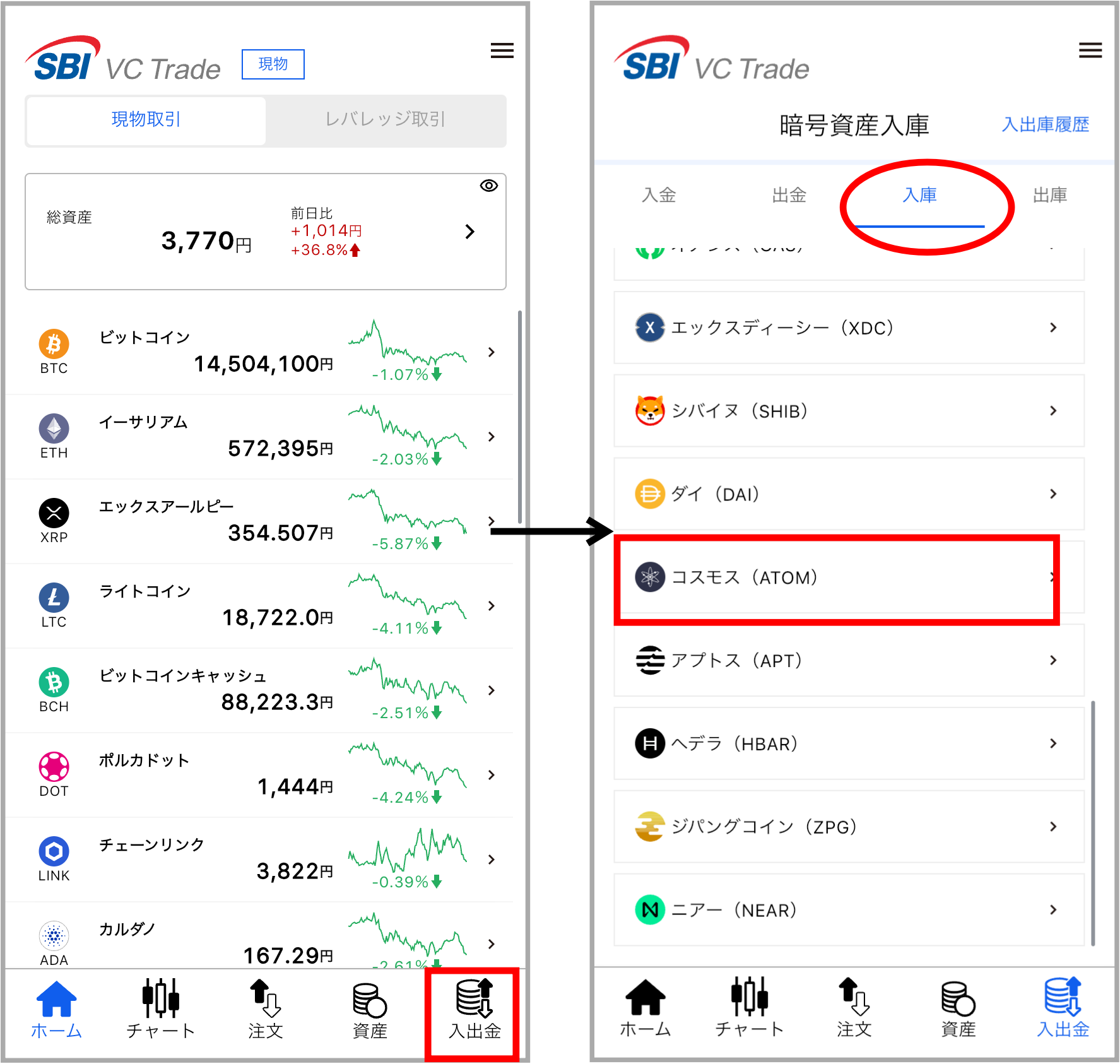 SBI VCトレードに暗号資産(仮想通貨)を入金する手順1(スマホアプリ)